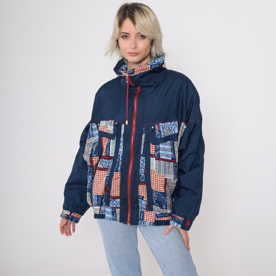 90s Patchwork Windbreaker Blue Zip Up Jacket Geom… - image 2
