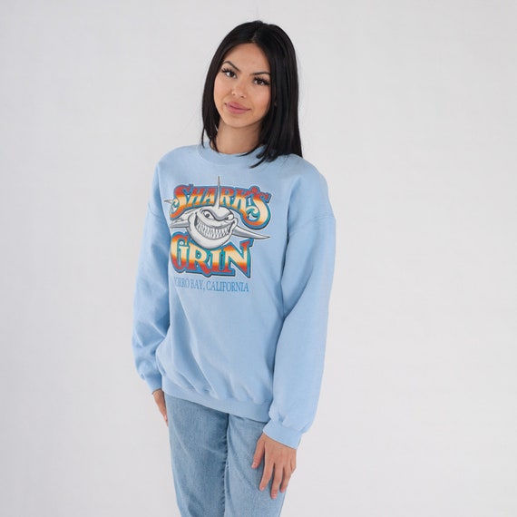 Shark's Grin Sweatshirt 90s Morro Bay Sweatshirt Retro California Pullover Shark Graphic Sweater Tourist Shop Blue Vintage 1990s Large L