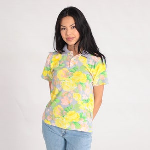 Floral Polo Shirt 90s Bright Yellow Flower Polo Shirt Short Sleeve Top Collared Quarter Button Up 1990s Vintage Grey Peach Small Medium
