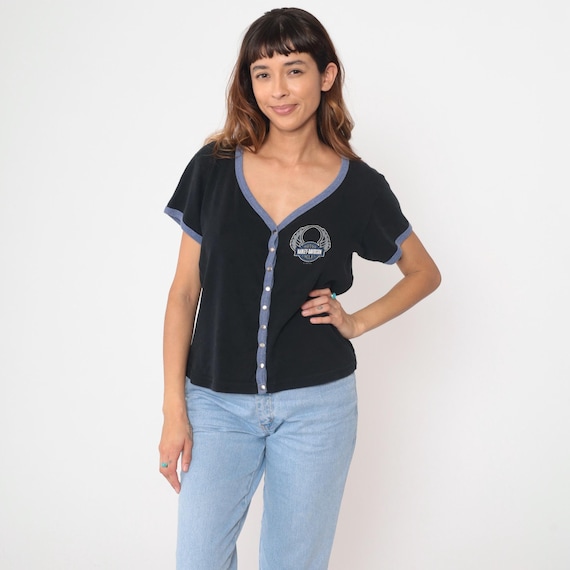 Harley Davidson Shirt 90s Button Up Baseball Jersey Black Blue Trim Oakland California Motorcycle Biker Vintage 1990s Extra Large XL