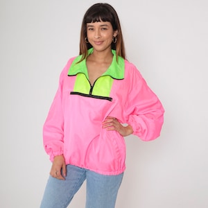 90s Neon Windbreaker Hot Pink Color Block Jacket Windbreaker Quarter Zip Up 1990s Sportswear Vintage Highlighter Yellow Green Extra Large xl
