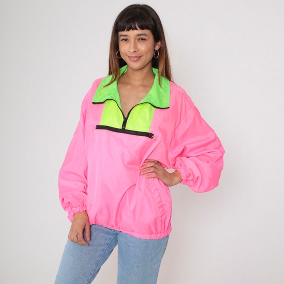 90s Neon Windbreaker Hot Pink Color Block Jacket Windbreaker Quarter Zip Up 1990s Sportswear Vintage Highlighter Yellow Green Extra Large xl