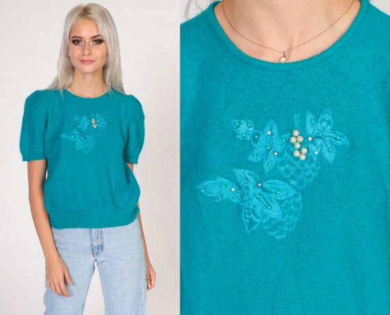 Floral Sweater Top 80s Teal Blue Puff Sleeve Knit Shirt Rhinestone Pearl Beaded Retro Girly Boho Blouse Spring Wool Vintage 1980s Small S