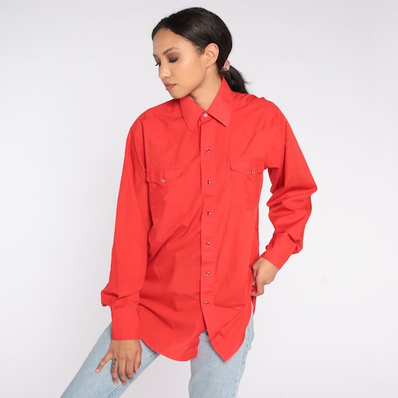 Red Pearl Snap Shirt 80s Western Shirt Panhandle Slim Long Sleeve Button Up Retro Plain Rodeo Cowboy Shirt Vintage 1980s Mens Large 16 34
