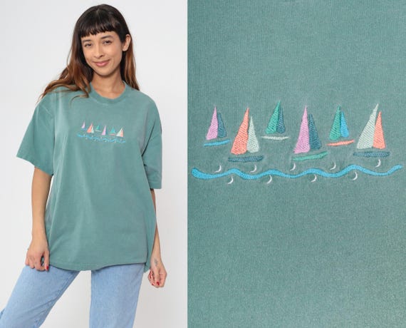 Embroidered Sailboat Tee 90s Sage Green Aqua Cotton Nautical Short Sleeve Crew Neck Beach Summer Colorful Sails Waves Extra Large XL