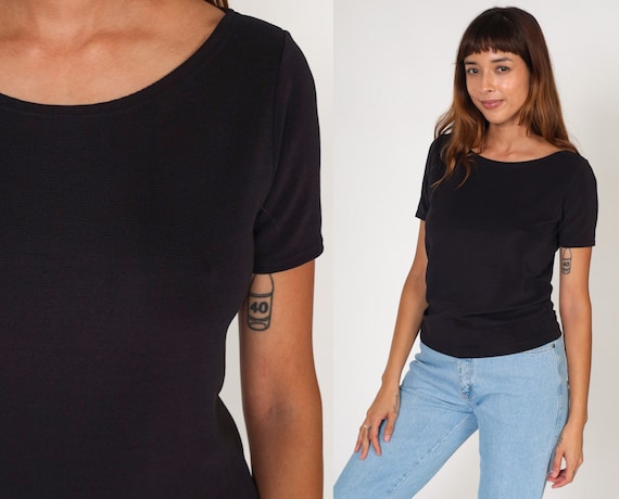 Black T-Shirt Y2K Plain Top Tight Fitted Stretchy Shirt Short Sleeve Tee Basic Solid Minimalist Casual Blouse Layering Vintage 00s Medium M