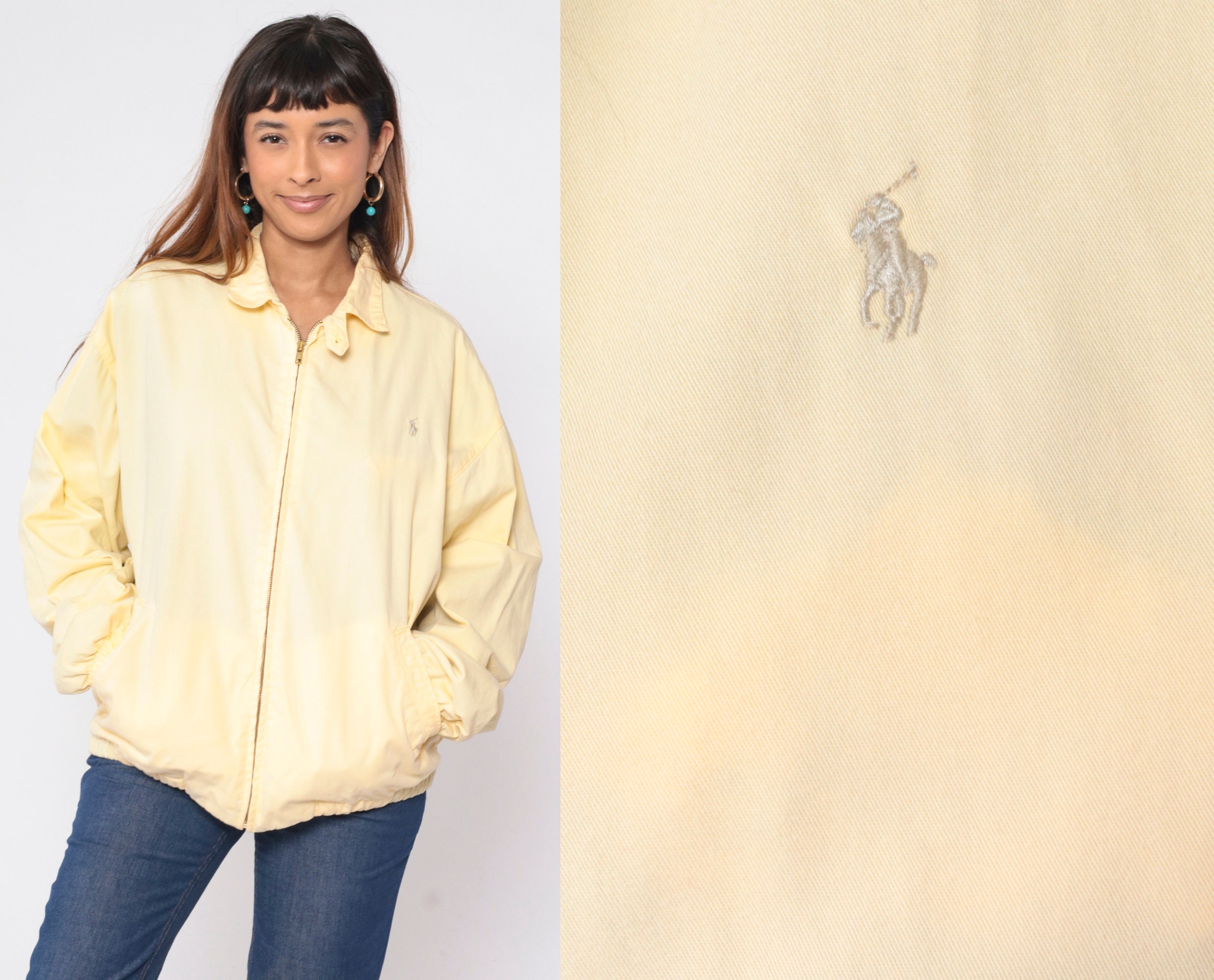 Polo Ralph Lauren Jacket 90s Light Yellow Sport Jacket Zip Up Bomber Windbreaker Full Zip Flannel Lined Streetwear Vintage 1990s Mens Large