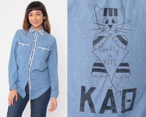 70s Chambray Shirt Cat Kite Blouse KAO Jean Patch Button Up Ric Rac Western Hippie Blue 1970s Boho Long Sleeve Vintage Big Mac Small