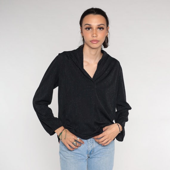 Metallic Blouse 70s Black Gold Sparkly Top Striped Party Disco Shirt V Neck Glam Retro Chic Long Sleeve Bohemian Vintage 1970s Medium