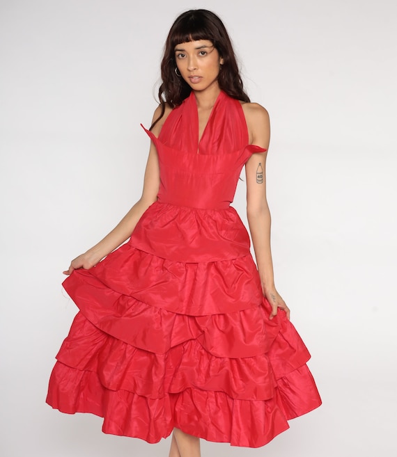 50s Party Dress Red Halter Dress Tiered Gown V Neck Prom Dress Pinup 1950s Prom Tea Length Formal Cocktail Midi Vintage 1960s Extra Small xs