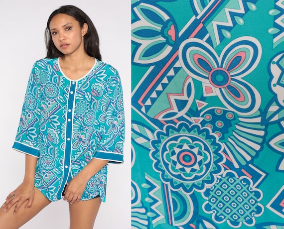 Silk Floral Shirt Bob Mackie Blouse 80s 90s Blue Flower Print Button Up Shirt Boho 3/4 Sleeve Hippie Top 1980s 1990s Vintage Glam Medium M
