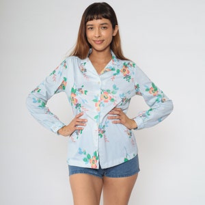 Blue Floral Blouse 70s Boho Top Button Up Shirt Bohemian Long Sleeve 1970s Vintage Hippie Romantic Flower Print Medium