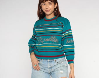 Teal Striped Sweater 90s Crewneck Ski Winter Preppy Expedition Antarctic Embroidered Multicolor Knit Vintage Collegiate Extra Small XS