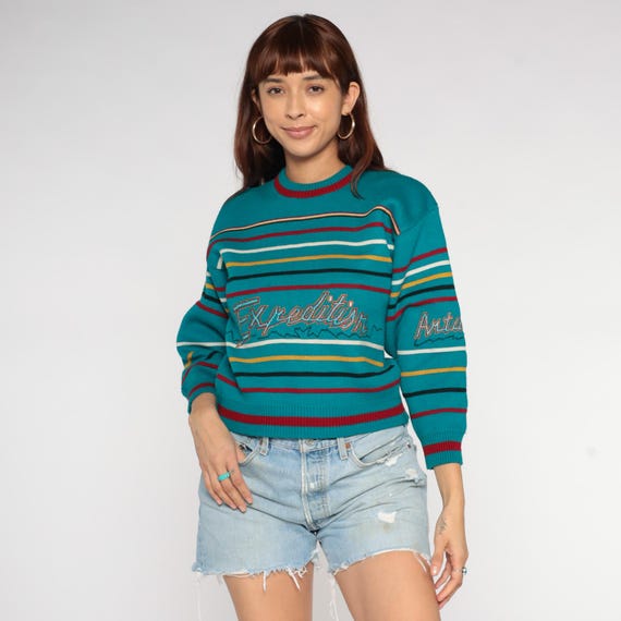 Teal Striped Sweater 90s Crewneck Ski Winter Preppy Expedition Antarctic Embroidered Multicolor Knit Vintage Collegiate Extra Small XS