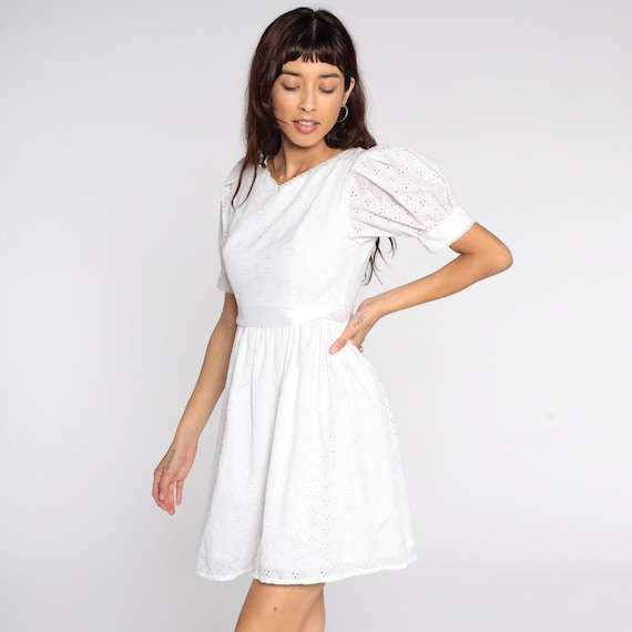 White EYELET Dress 80s Peasant Midi Cottagecore Sheer Lace Puff Sleeve Dress 1980s Boho Vintage High Waist Bohemian Lanz Extra Small xs