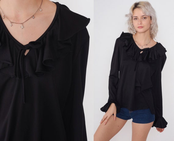 70s Poet Blouse Black Ruffle Top Long Sleeve Keyhole Shirt Ruffled Boho Hippie Bohemian Secretary Retro Simple Vintage 1970s Large