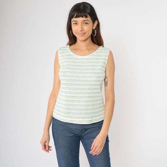Vintage 70s Knit Tank Top Green White Striped Sleeveless Textured Sweater Vest Spring Shirt 1970s Scoop Neck Boho Small Medium