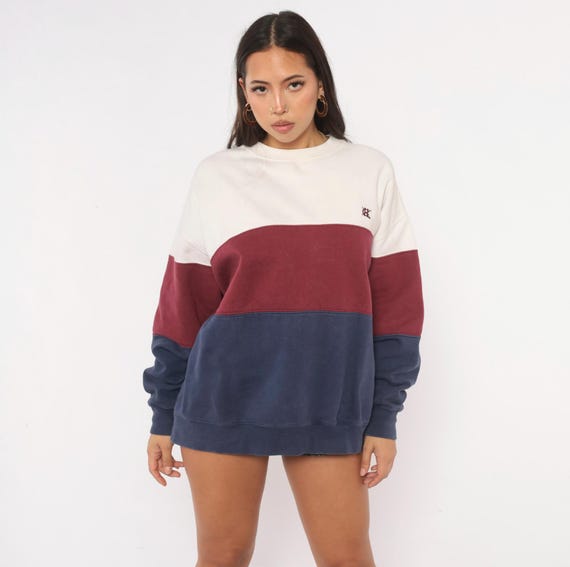 90s Color Block Sweatshirt Hunt Club Cream White Burgundy Navy Blue Pullover Preppy Collegiate Ribbed Cuff Sweater Vintage Top Large L