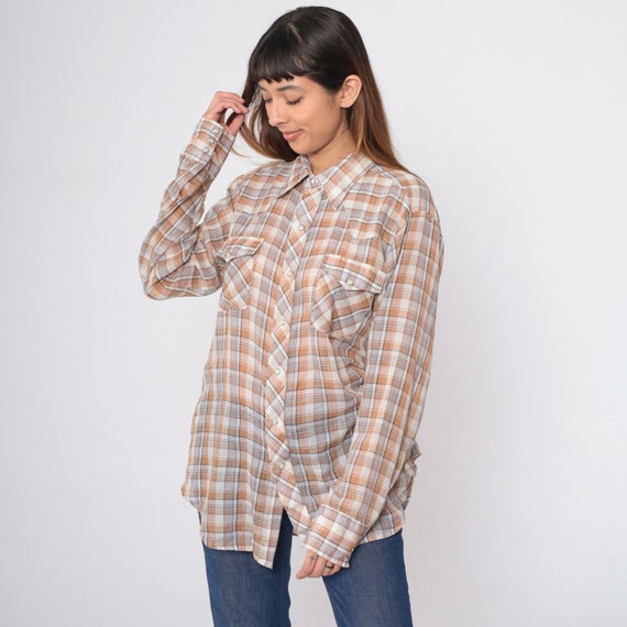 Metallic Western Shirt 70s Paper Thin Plaid Shirt… - image 5
