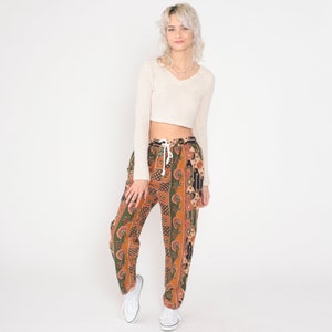 Baggy Floral Pants 90s Batik Tapered Relaxed Pants Burnt Orange Green Striped High Waist Pants Flower Trousers Vintage Small Medium image 2