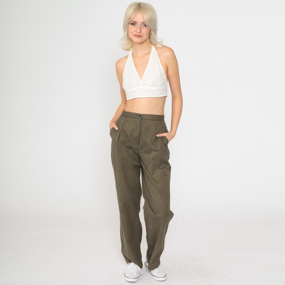 Vintage Brown Cotton Trousers Y2K Pleated Pants High Rise Slacks Straight Tapered Leg Retro Basic Plain Minimal 00s Liz Claiborne Small 4