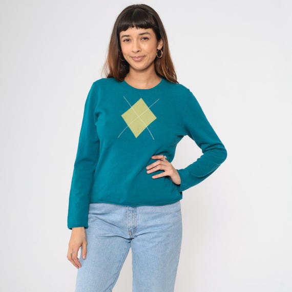 Teal Argyle Wool Sweater Charter Club Pullover Long sleeve Crewneck Thin Lightweight Checkered Sweater Slim Fit Women's Large L