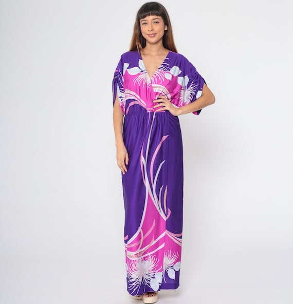 Vintage Long Floral Hawaiian Dress 70s Maxi Dress Purple Pink White Tropical Boho Gown Faux Wrap Short Ruched Sleeve 1970s Medium M