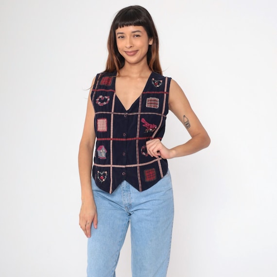 90s Corduroy Vest Patchwork Bird Plaid Patch Heart Top Country Teacher Vest Button up Sleeveless Vintage 1990s Navy Blue Medium