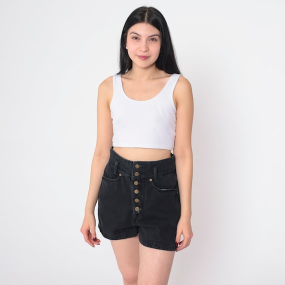 Black Denim Shorts 90s Jean Shorts Exposed Button Fly Ultra High Waisted Super High Rise Retro Basic Plain Summer Vintage 1990s Small S 28