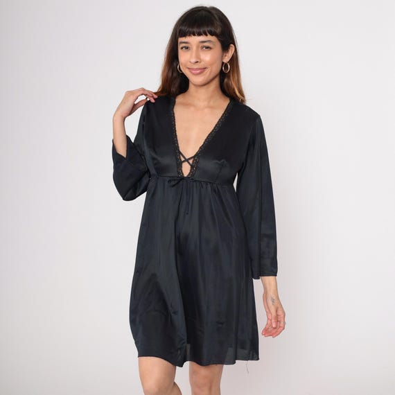 Deep V Dress 80s Black Long Sleeve Empire Waist Mini Vintage Romantic Gothic Witchy Dark Academia Fairy Grunge Coquette Ethereal Small S