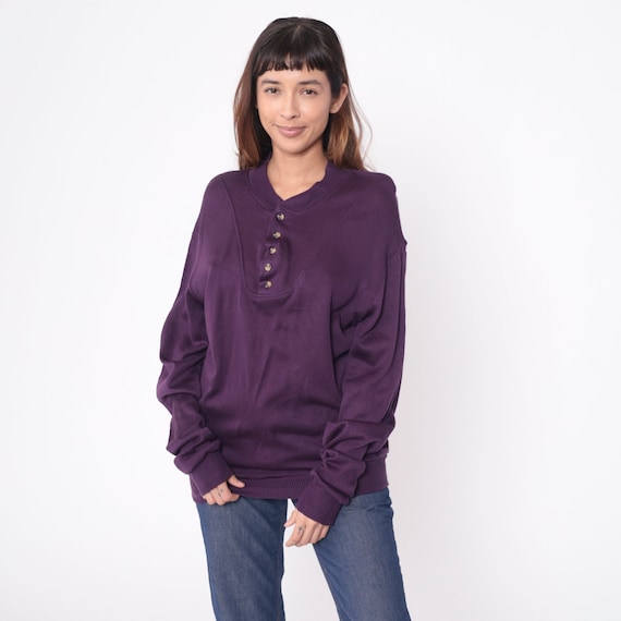 Purple Henley Sweater 80s Sweater Slouchy Sweater Pullover Sweater 1980s Jumper Vintage Acrylic Preppy Men's Medium