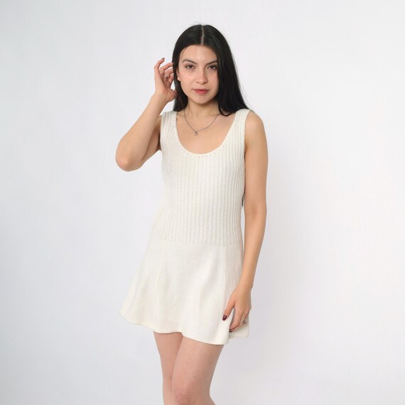Vintage 60s Knit Tennis Dress Off-White Mod Mini Dress Ribbed Scoop Neck 70s Sleeveless Sixties Drop Waist Minidress 1960s Small xs