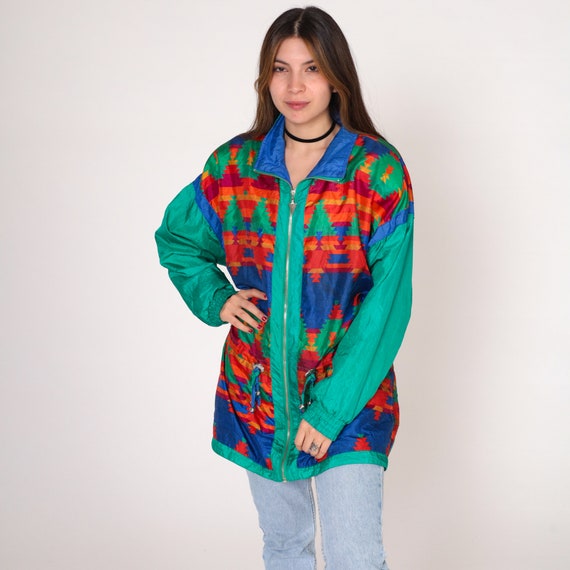 Southwestern Windbreaker 90s Zip Up Jacket Fringe Concho Green Red Blue Geometric Print Boho Arrowhead Zipper Vintage 1990s Medium Petite
