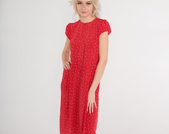 80s Nautical Dress Red Sailboat Print Dress Midi Sailor Dress Cap Puff Sleeve High Waist Summer Boho Vintage 1980s Extra Small XS