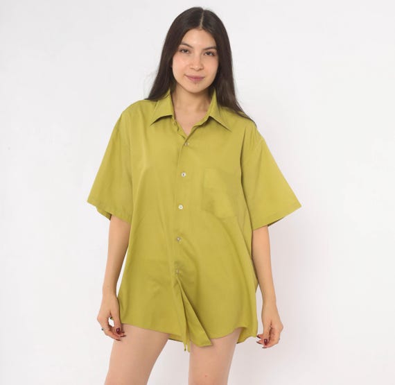 70s Olive Button Front Shirt Cotton Short Sleeve Camp Collar Moss Green Blouse Sage Unisex Top Vintage Plus Size Extra Extra Large XXL