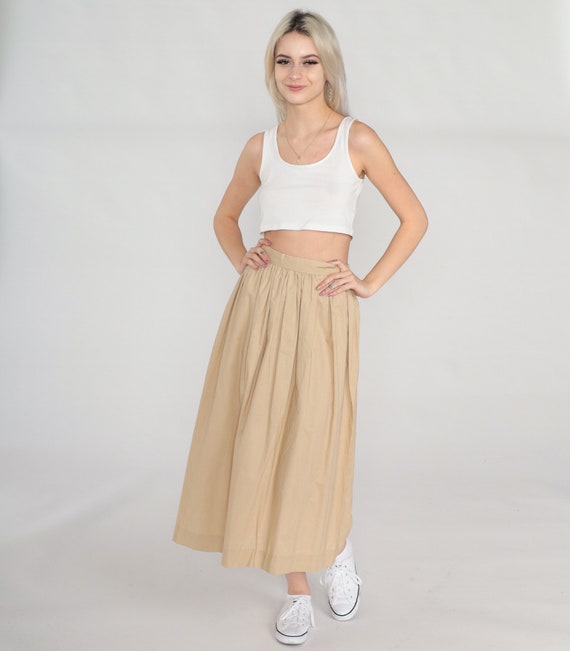 Tan Pleated Skirt 70s Midi Skirt High Waisted Skirt Retro Simple