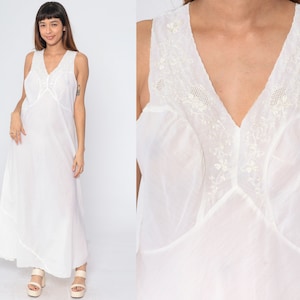 White Embroidered Slip Dress 70s Floral Nightgown Cutout Maxi Lingerie Dress Retro V Neck High Waist Long Romantic Vintage 1970s Medium 40 image 1