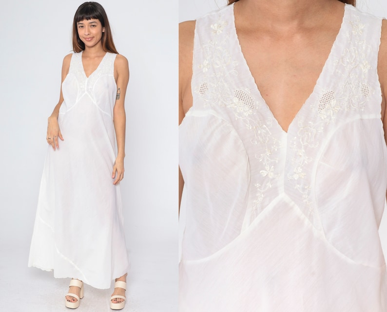 White Embroidered Slip Dress 70s Floral Nightgown Cutout Maxi Lingerie Dress Retro V Neck High Waist Long Romantic Vintage 1970s Medium 40 image 1