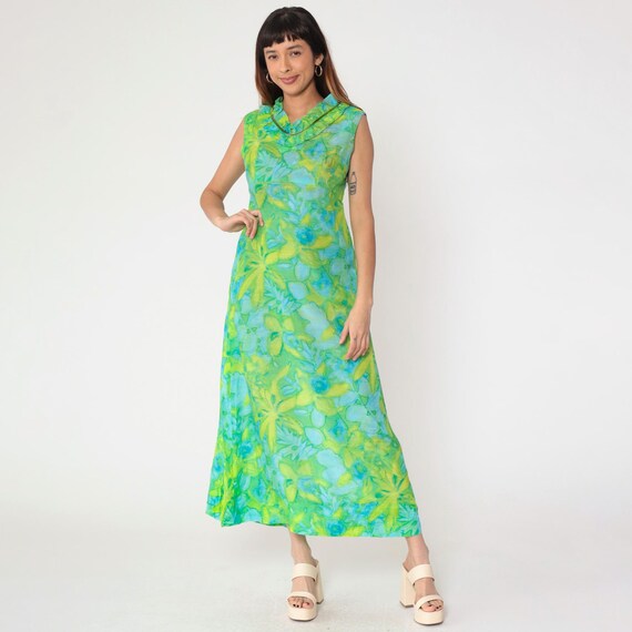 70s Green Floral Dress Boho Abstract Watercolor Print Maxi Dress Empire Waist Hippie Ruffled Bohemian Sleeveless Summer Vintage 1970s Medium