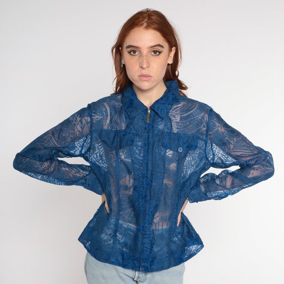 Sheer Blue Blouse Y2k Burnout Zip Up Jacket Top Abstract Print Shirt Boho Hippie Blouse Party Going Out Light Summer Top Vintage 00s Medium