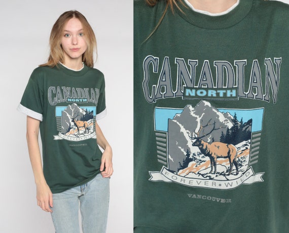Vancouver Canada Shirt 90s Canadian North T Shirt Wildlife Elk Graphic Tee Forever Wild BC Retro Tourist Cuffed Vintage 1990s Mens Medium