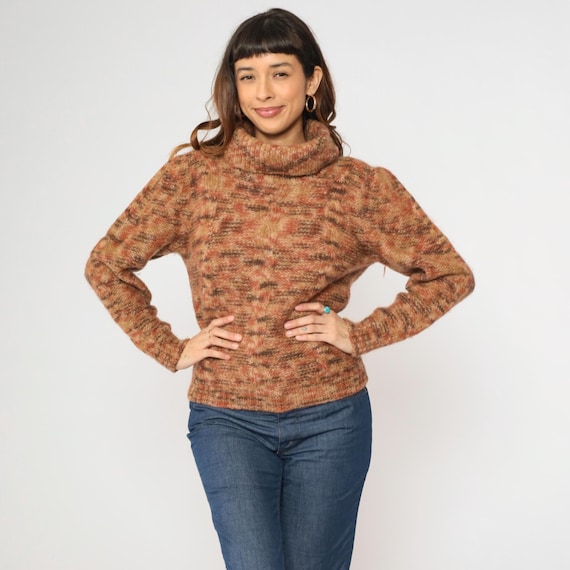 Vintage 80s Mohair Wool Sweater Brown Rust Marled Knit Cable Turtleneck Fuzzy Warm Soft Pullover Long Sleeve 1980s Small S