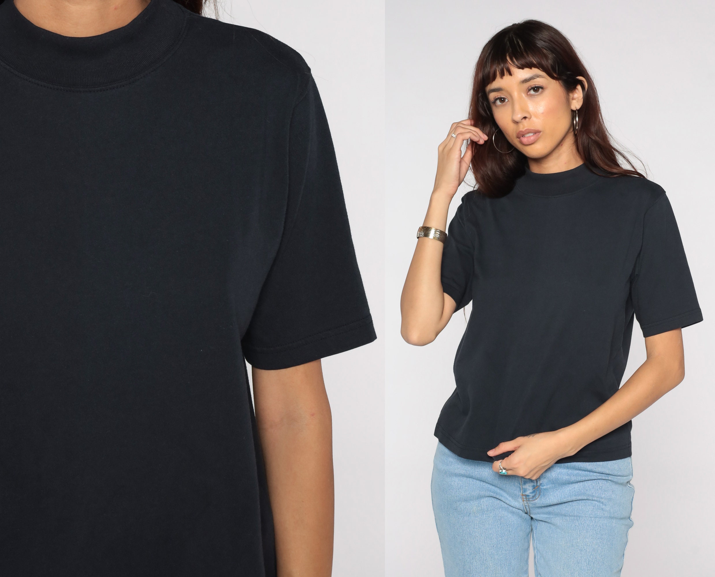 Black Mock Neck Shirt Plain Tshirt 90s 