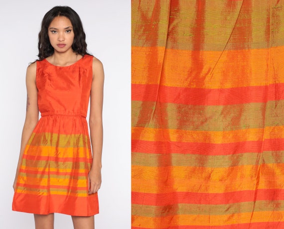 60s Cocktail Dress Orange Mini Dress Striped Mad Men 1960s Party Vintage High Waist Formal Sleeveless Dress Small S 4