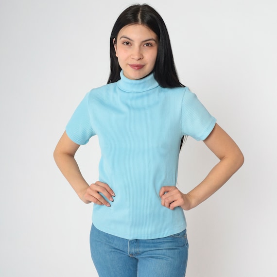 70s Turtleneck Blouse Baby Blue Ribbed Top High Mock Neck Shirt Mod Mock Turtle Neck Bohemian Retro Short Sleeve Vintage 1970s Small Medium