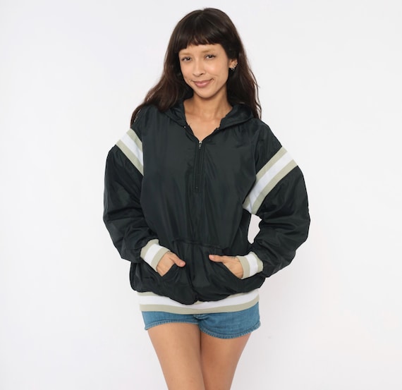 90s Russell Athletic Windbreaker Black Hooded Pullover Striped Sleeve Kangaroo Pocket Sporty Jacket Anorak Streetwear Vintage Coat Small S