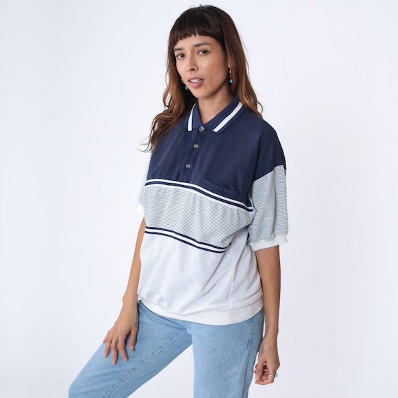 Striped Polo Shirt 90s Collared T-Shirt White Navy Blue Color Block Short Sleeve Top Banded Hem Preppy Chest Pocket Vintage 1990s XL