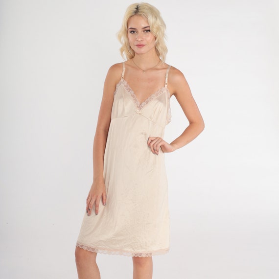 Cream Lace Slip Dress 80s Nightgown Lingerie Mini Nylon Retro Chemise V Neck Empire Waist Spaghetti Strap Tan Nude Vintage 1980s Medium M 38