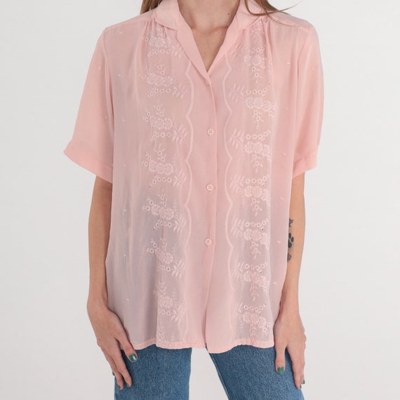 Floral Embroidered Blouse 80s Semi-Sheer Pink Top… - image 6