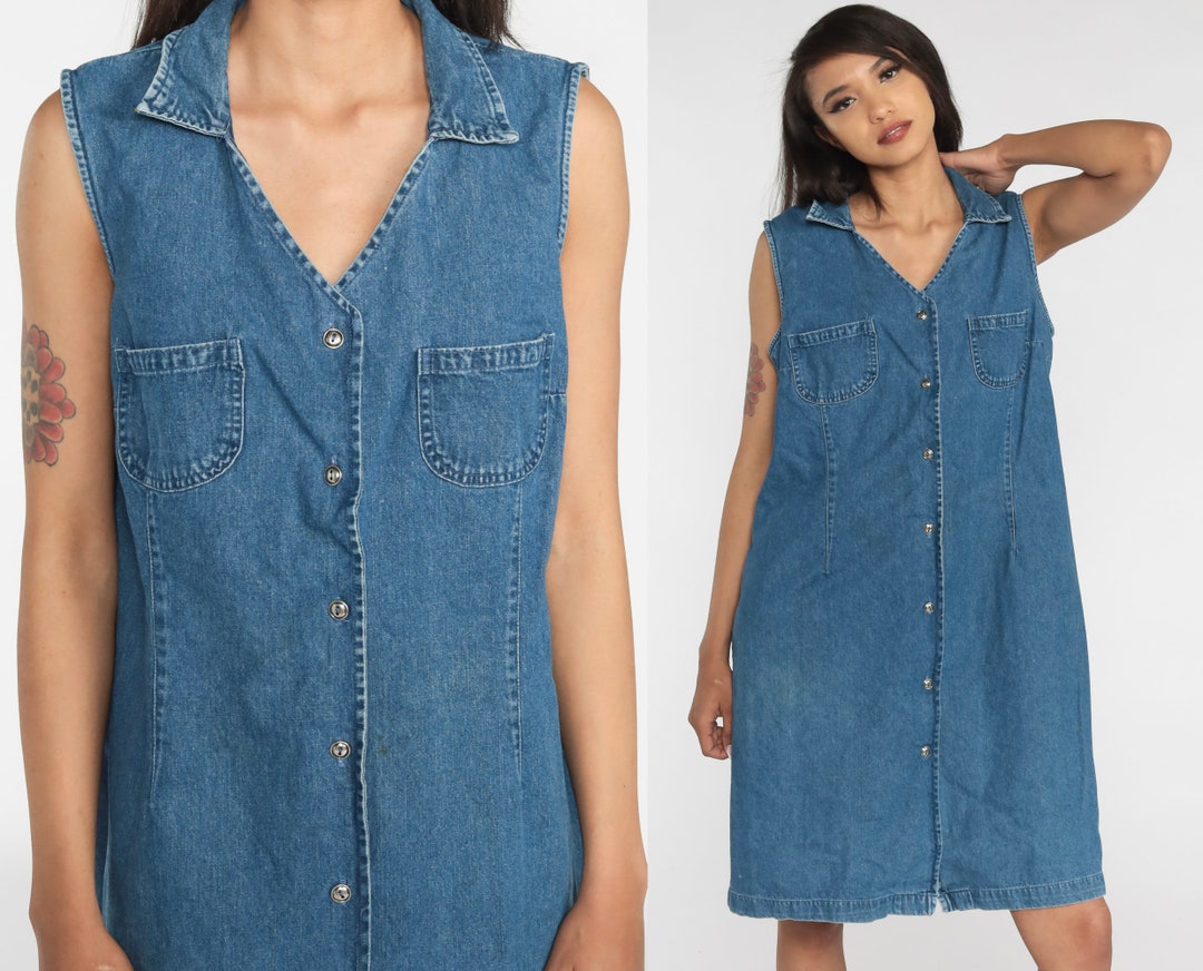 Denim Midi Dress 90s Jean Jumper Dress Knee Length Grunge Boho - Etsy